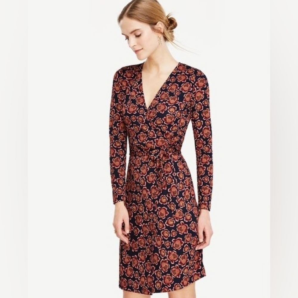 Ann Taylor Navy Wrap Dress with Rust Floral Print